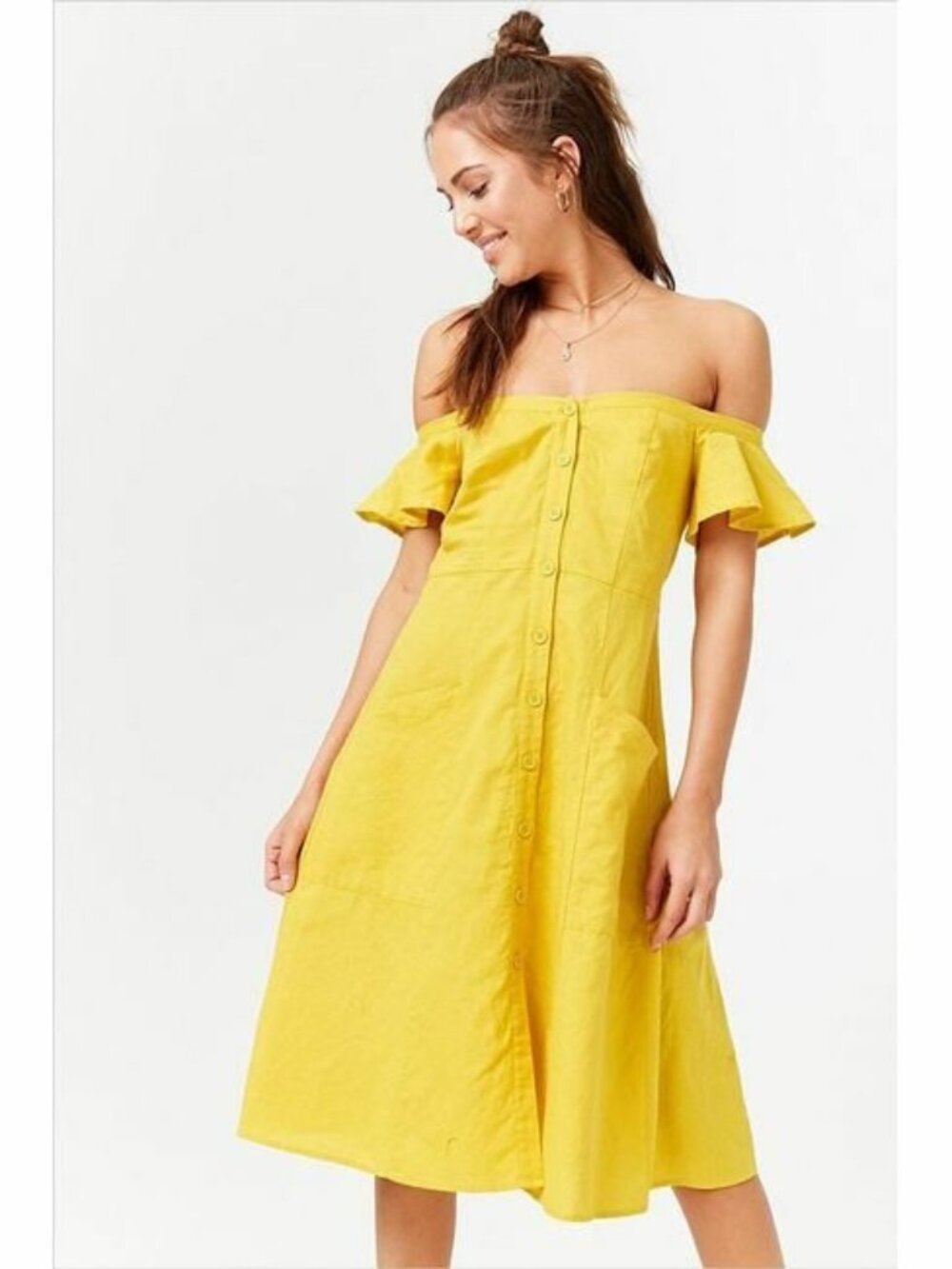 Forever 21 Citron Button-Front Off-the-Shoulder Dress Small S